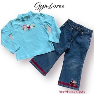 Gymboree turtle neck long sleeves & jeans embroidered gingerbread house, snowman